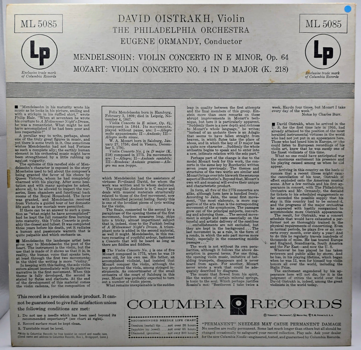 Oistrakh*, The Philadelphia Orchestra, Eugene Ormandy / Mendelssohn* / Mozart* - Concerto pour violon / Concerto pour violon n° 4 (LP) (Très bon état (VG+))