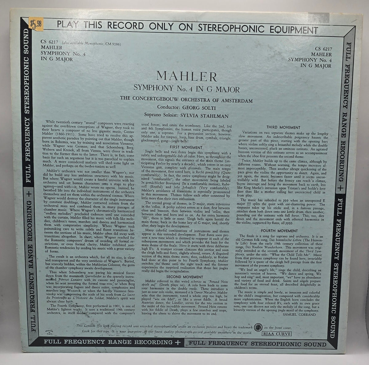 Mahler* / Concertgebouw Orchestra Of Amsterdam*, Georg Solti - Symphonie N° 4 en sol majeur (LP) (Très bon état (VG+))