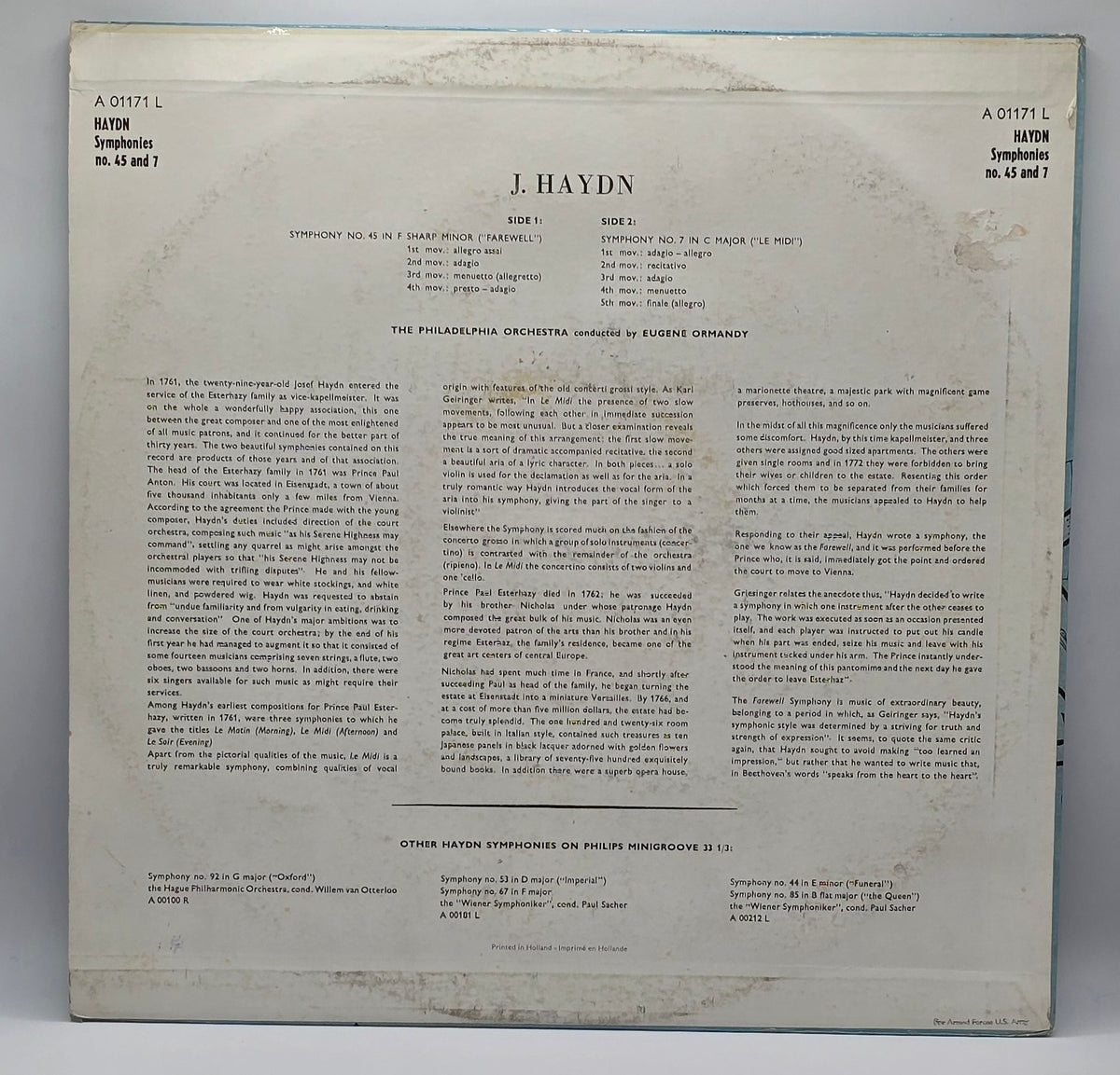 The Philadelphia Orchestra, Eugene Ormandy / Haydn* - Symphonie n° 45 en fa dièse mineur « Les Adieux » / Symphonie n° 7 en ut majeur « Le Midi » (LP) (Très bon état (VG+))