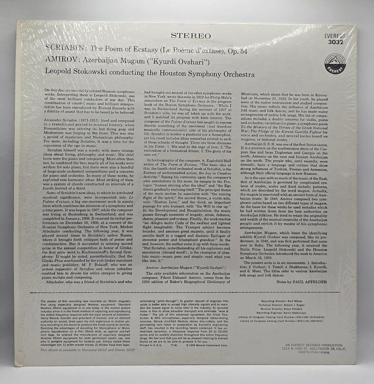 Alexander Scriabin / Фикрет Амиров - Leopold Stokowski Conducting Houston Symphony Orchestra - The Poem Of Ecstasy = Le Poème D'Extase, Op. 54 / Azerbaijan Mugam (Kyurdi Ovshari) (LP) (Very Good Plus (VG+))