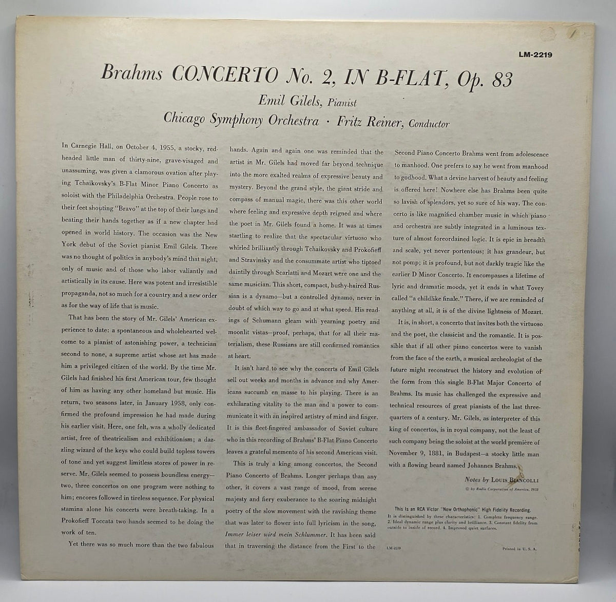 Brahms* - Reiner*, Chicago Symphony*, Gilels* - Brahms Concerto No.2 (LP) (Very Good Plus (VG+))