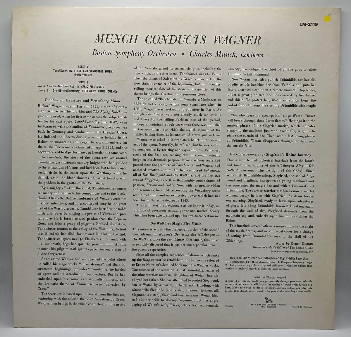 Wagner* - Munch*, Boston Symphony Orchestra - Munch Conducts Wagner (Tannhäuser: Overture/Venusberg Music / Die Götterdämmerung: Siegfried's Rhine Journey / Die Walküre: Magic Fire Music) (LP) (Very Good Plus (VG+))