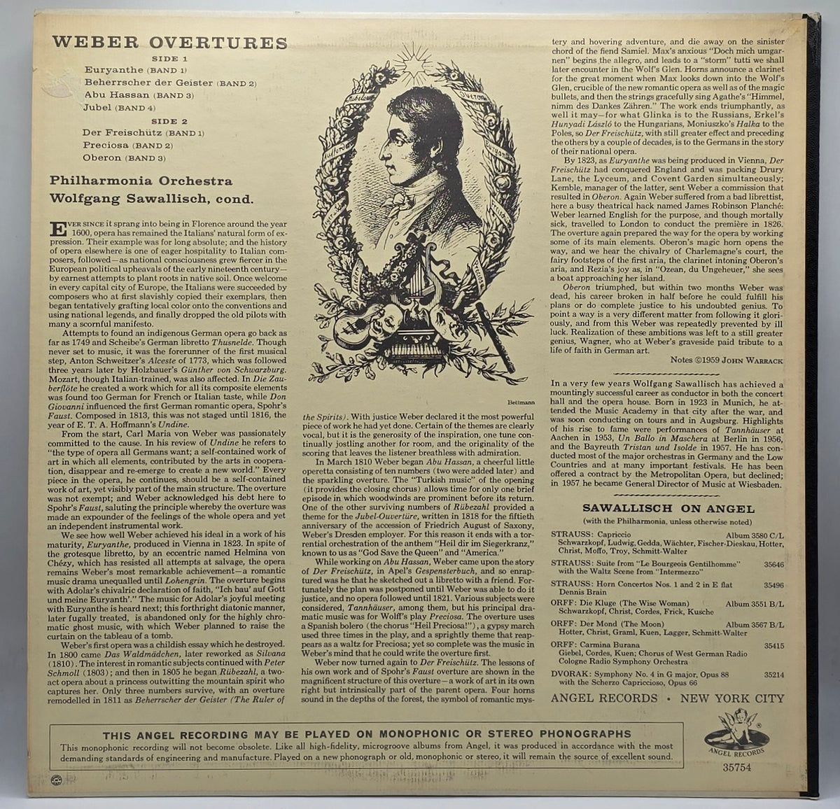 Carl Maria von Weber / Philharmonia Orchestra , Conducted By Wolfgang Sawallisch - Weber Overtures (LP) (Very Good Plus (VG+))