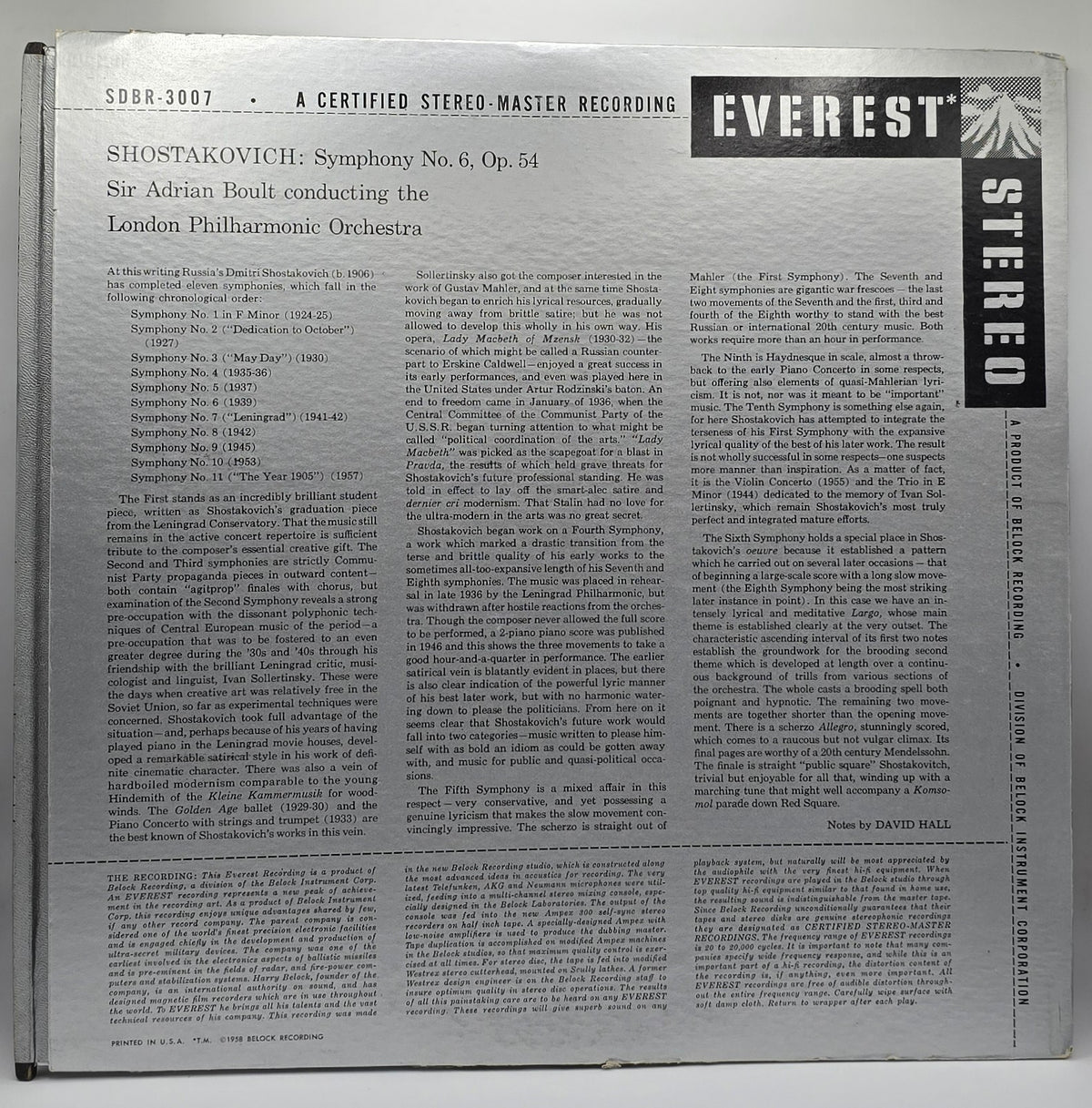 Dmitri Shostakovich, Sir Adrian Boult Conducting London Philharmonic Orchestra - Symphony No. 6, Op. 54 (LP) (Very Good Plus (VG+))