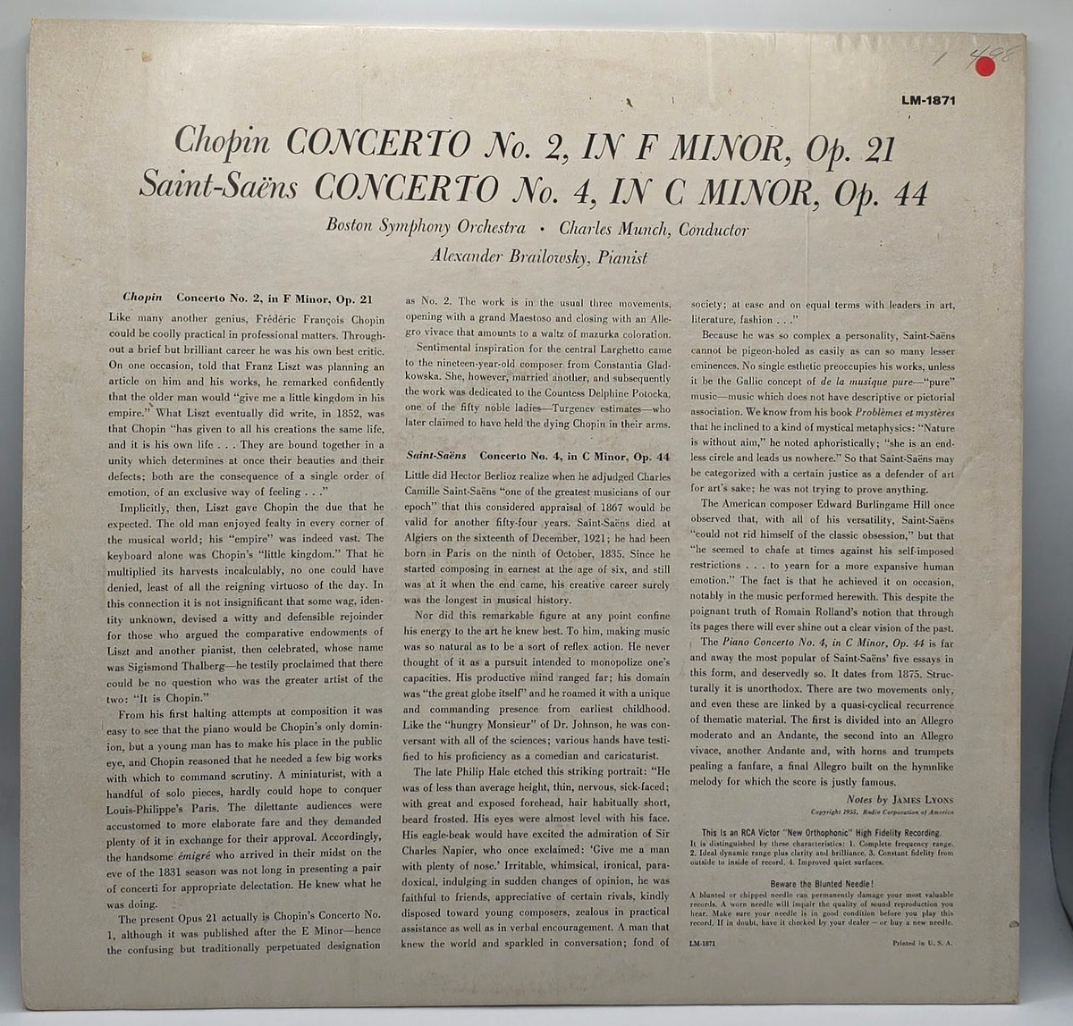 Chopin* / Saint-Saëns* - Brailowsky*, Boston Symphony*, Munch* - Concerto No. 2 In F Minor / Concerto No. 4 In C Minor (LP) (Very Good Plus (VG+))